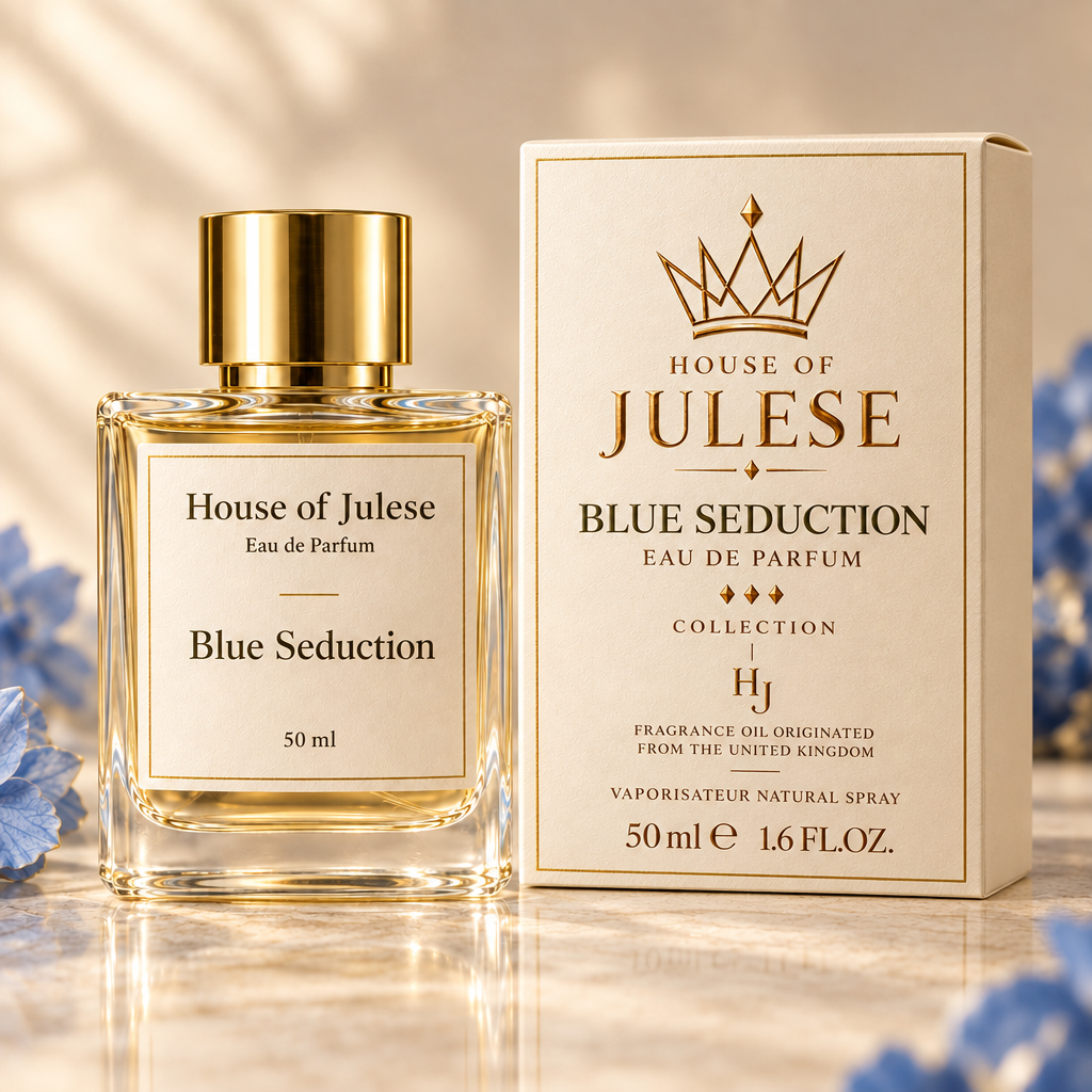 Blue Seduction bottle and matching sample box