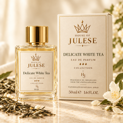 Delicate White Tea bottle and matching sample box